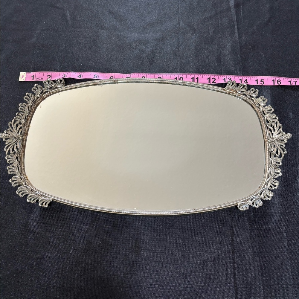 Vintage Ornate Silver-Tone Decorative Vanity Tray Mirror